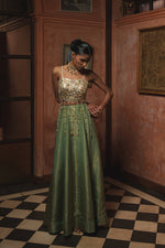 GOLDEN OLIVE TISSUE LEHENGA SET