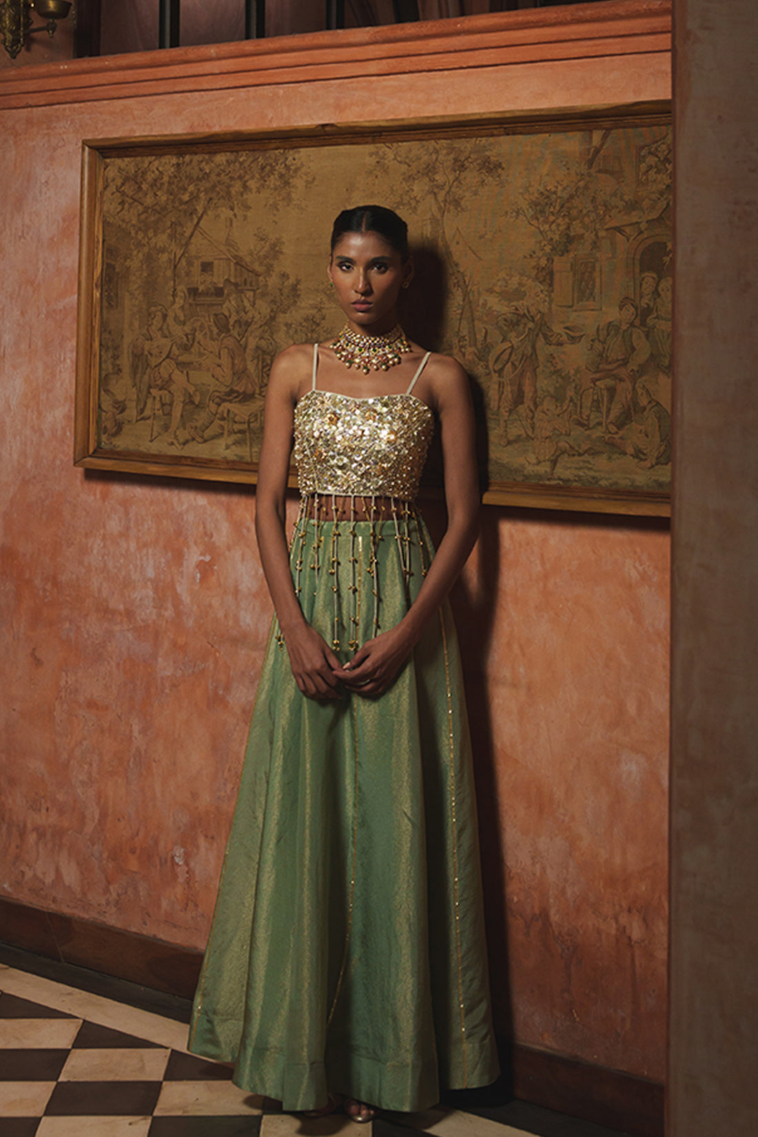 GOLDEN OLIVE TISSUE LEHENGA SET