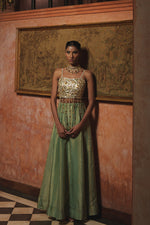 GOLDEN OLIVE TISSUE LEHENGA SET
