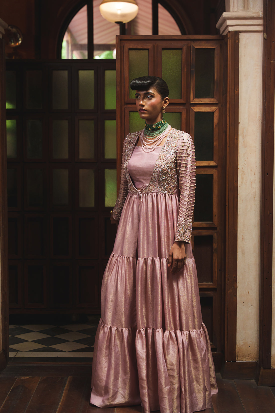 LIGHT PINK TISSUE JACKET LEHENGA SET