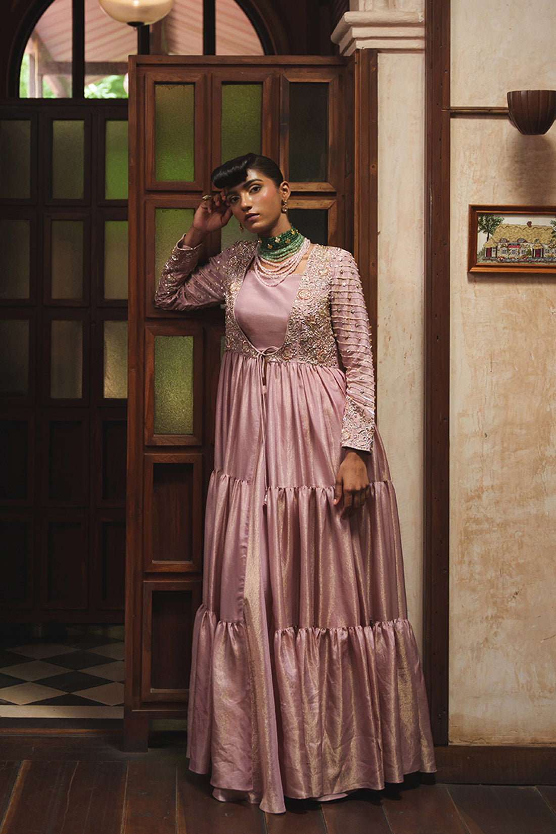 LIGHT PINK TISSUE JACKET LEHENGA SET
