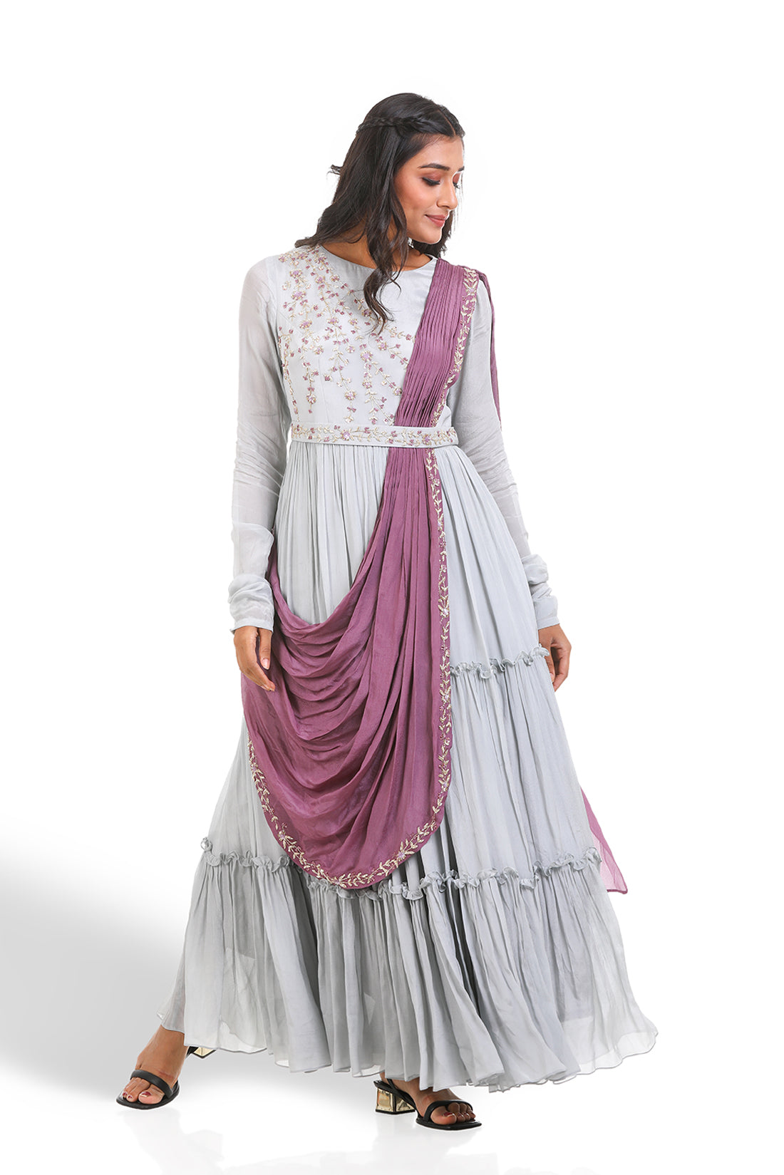 GREY & DUSTY PURPLE HAND EMBROIDERED GOWN
