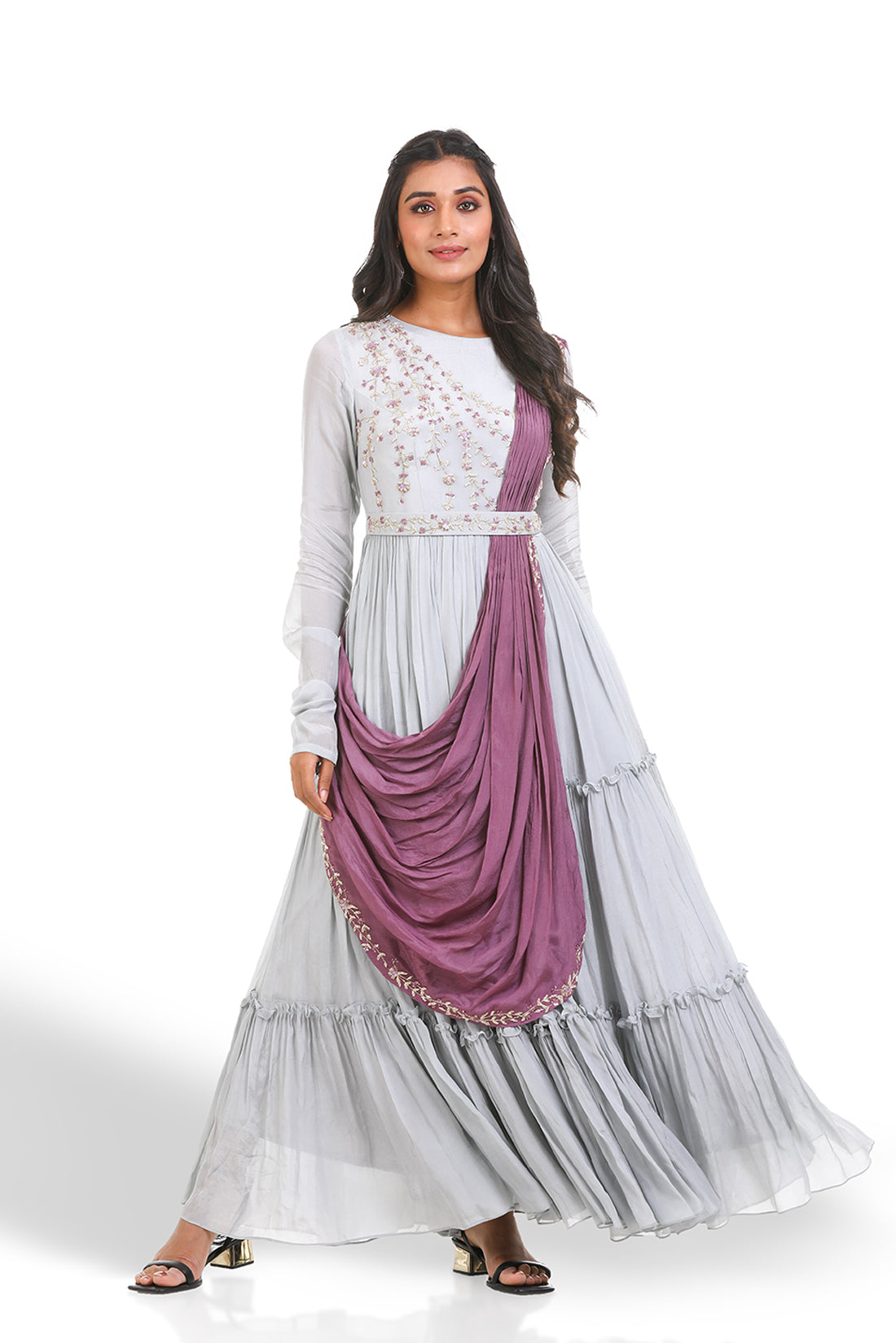 GREY & DUSTY PURPLE HAND EMBROIDERED GOWN