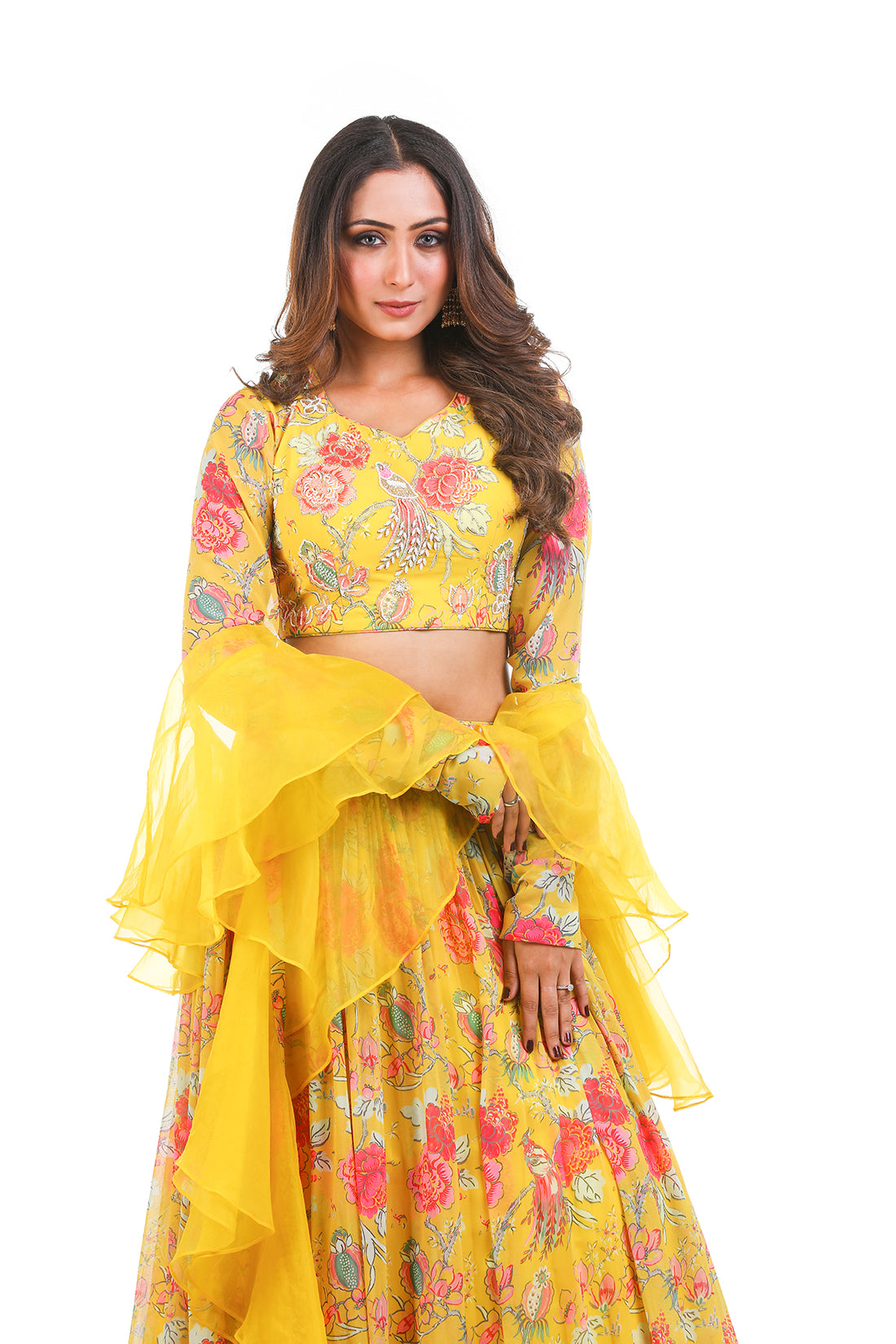 YELLOW PRINTED HAND EMBROIDERED LEHENGA SET