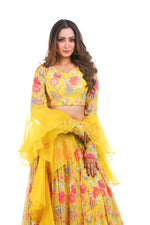 YELLOW PRINTED HAND EMBROIDERED LEHENGA SET