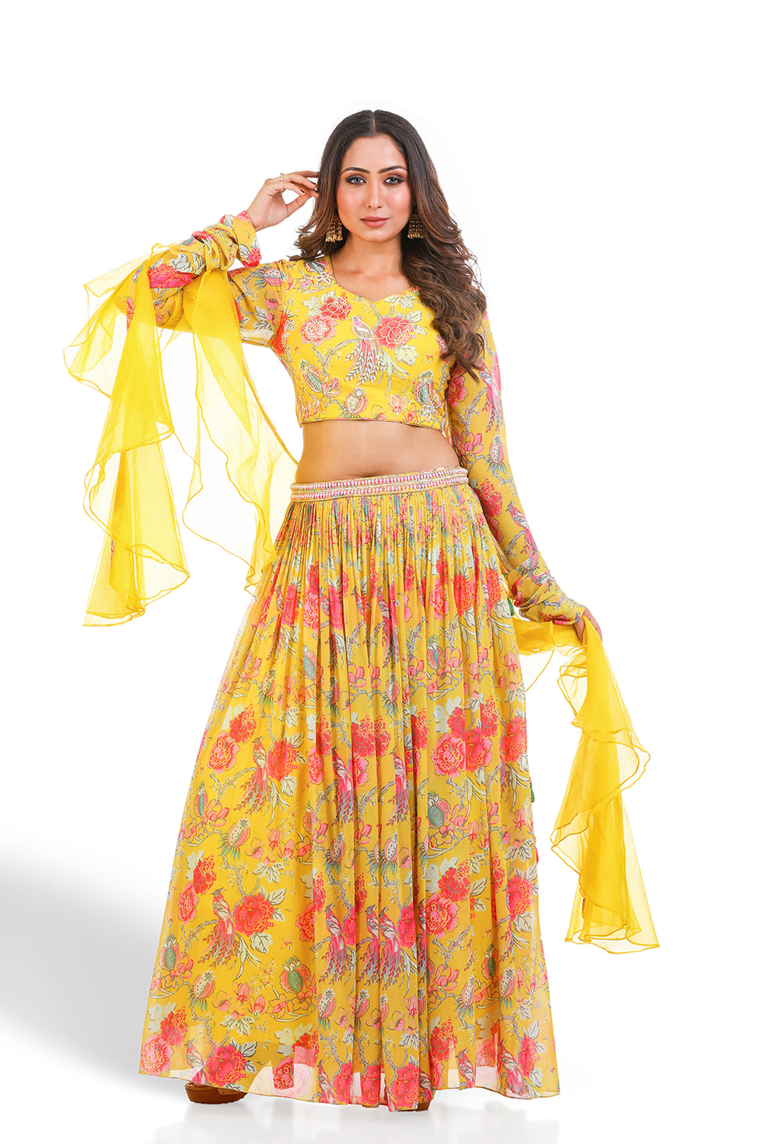YELLOW PRINTED HAND EMBROIDERED LEHENGA SET