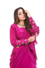PLUM PURPLE HAND EMBROIDERED KUNDAN PRE-DRAPE SAREE