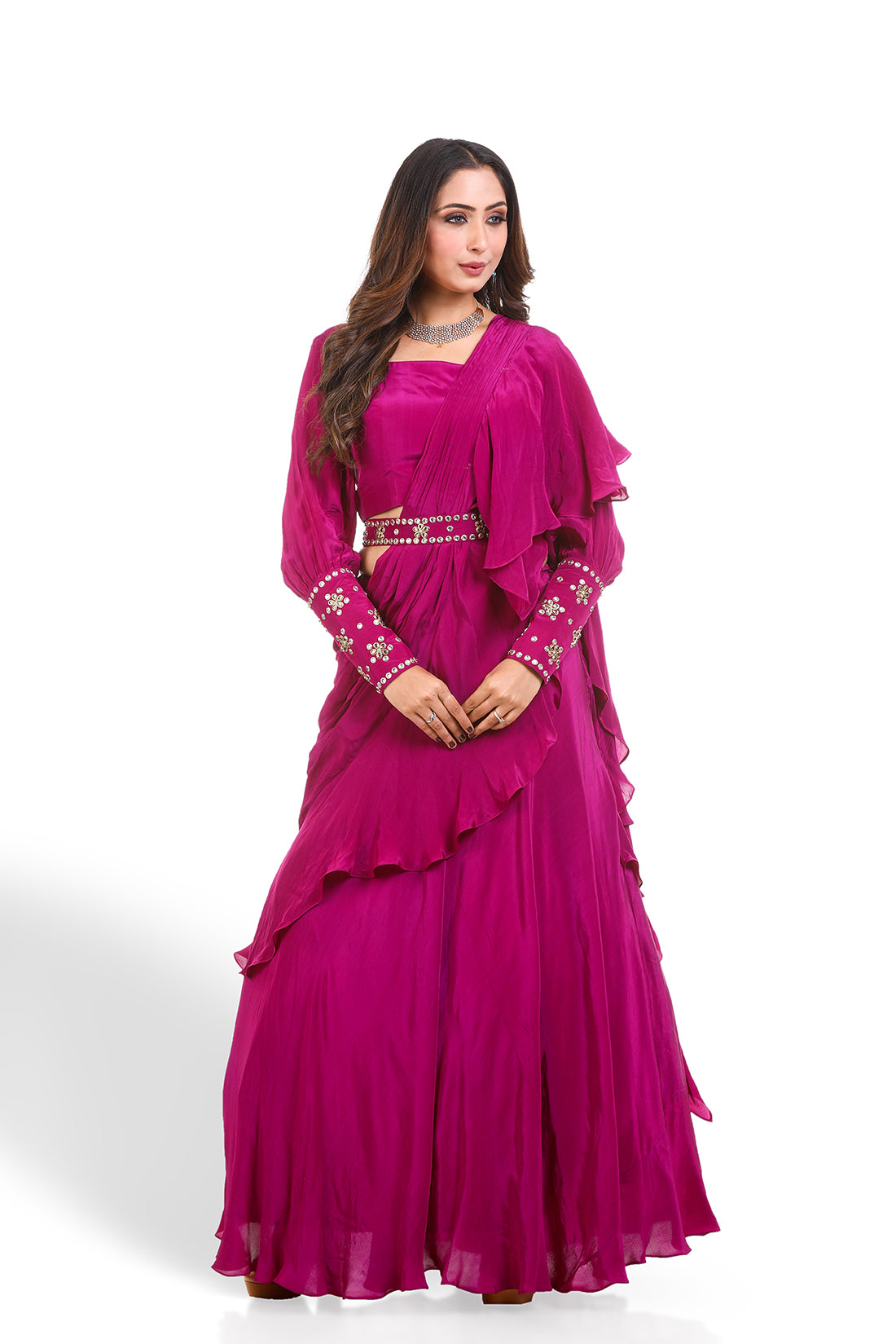 PLUM PURPLE HAND EMBROIDERED KUNDAN PRE-DRAPE SAREE