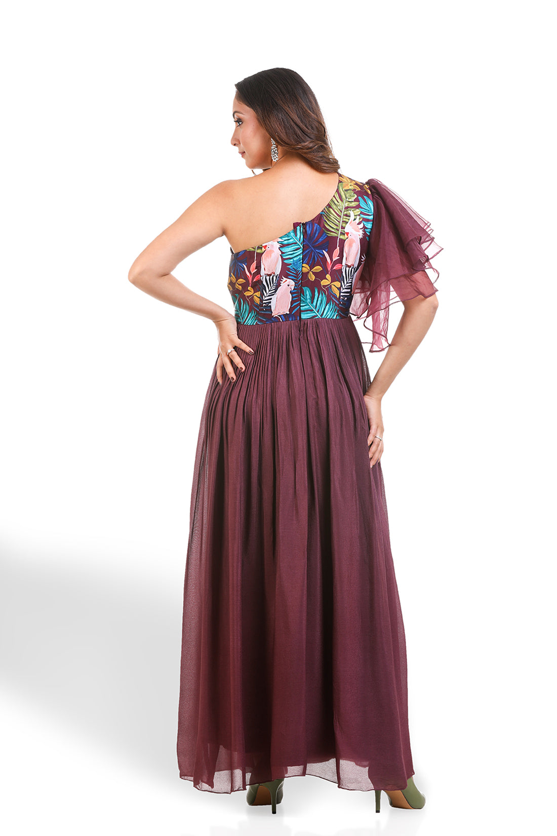 WINE PRINTED HAND EMBROIDERED GOWN