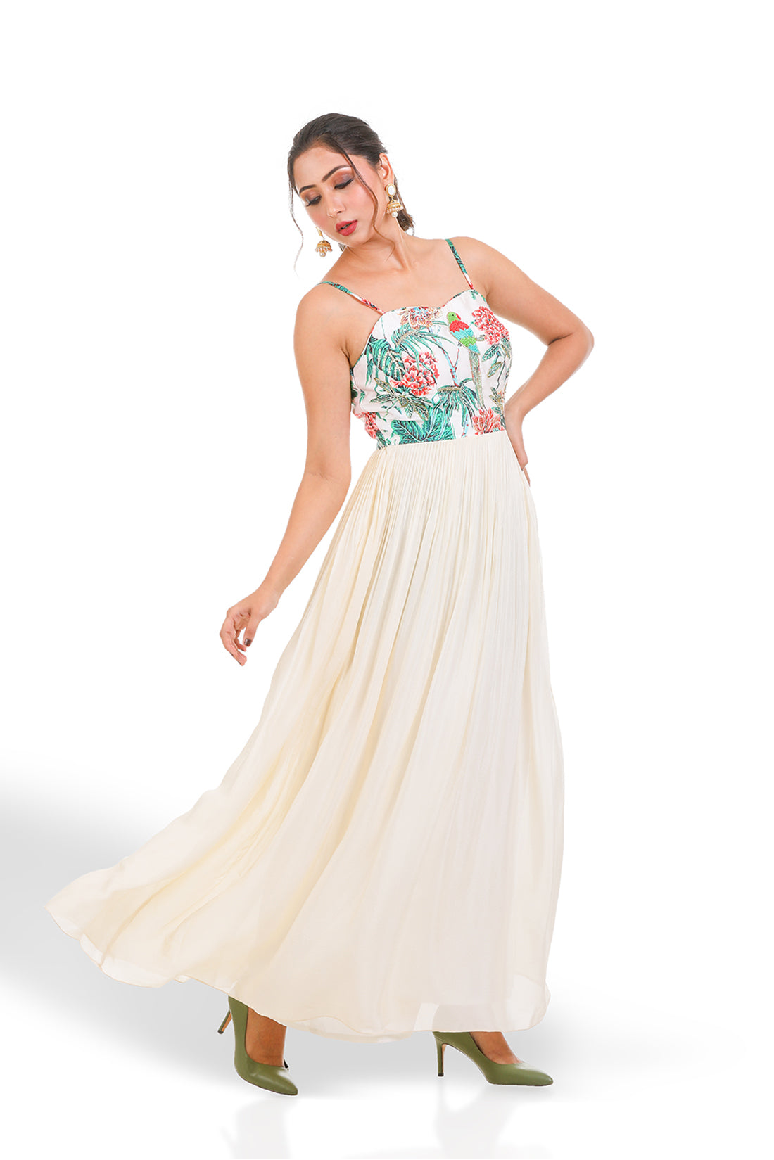 OFF-WHITE PRINTED HAND EMBROIDERED PLEATED GOWN