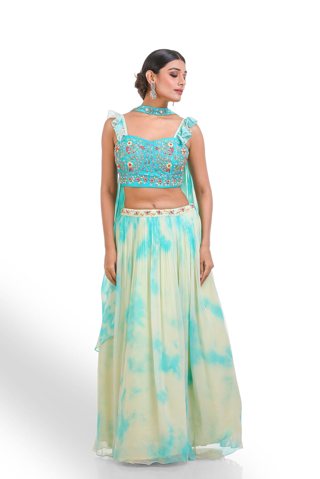 GREEN & LEMON YELLOW TIE-DYE HAND EMBROIDERED LEHENGA SET