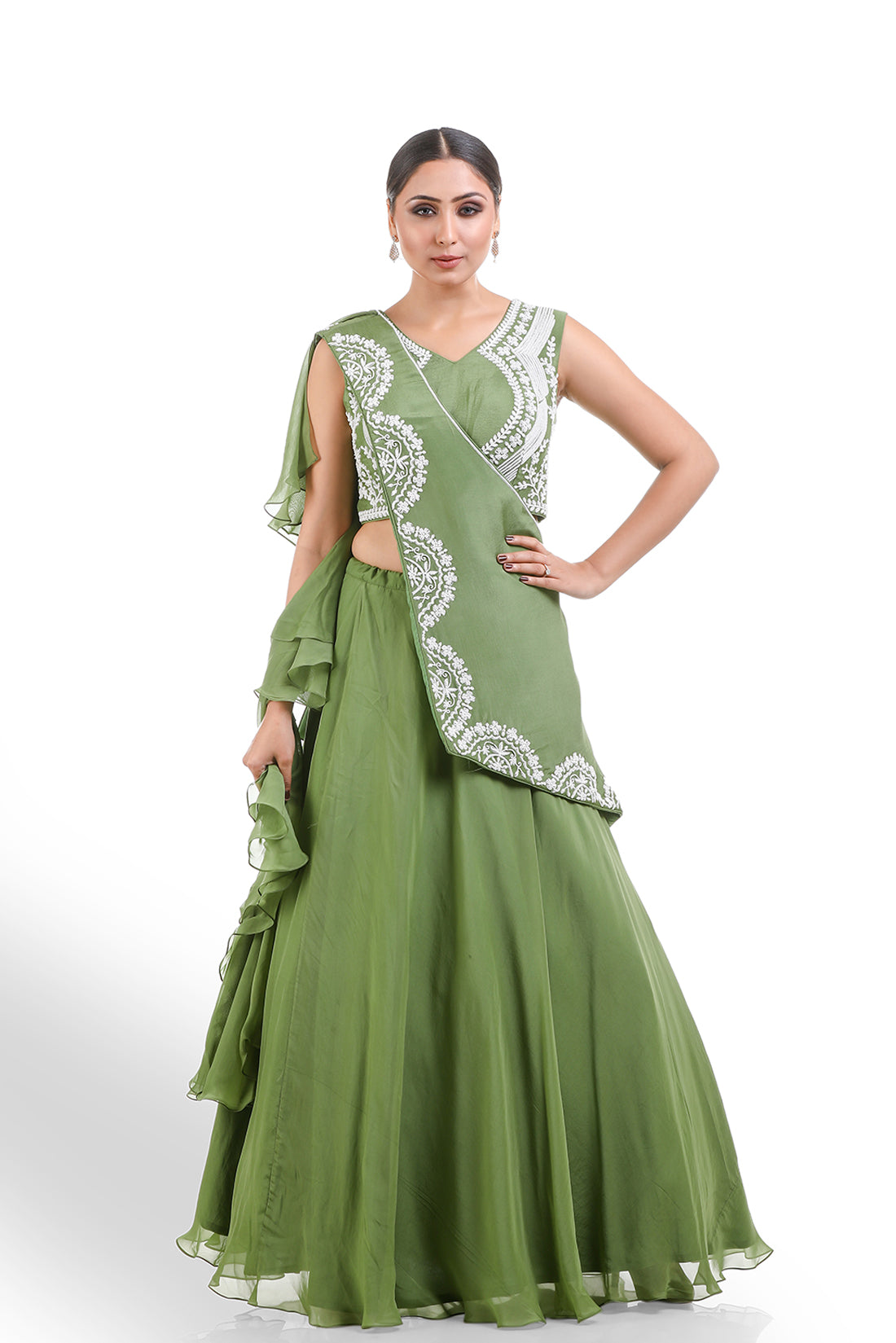 MEHENDI GREEN HAND EMBROIDERED LEHENGA SET